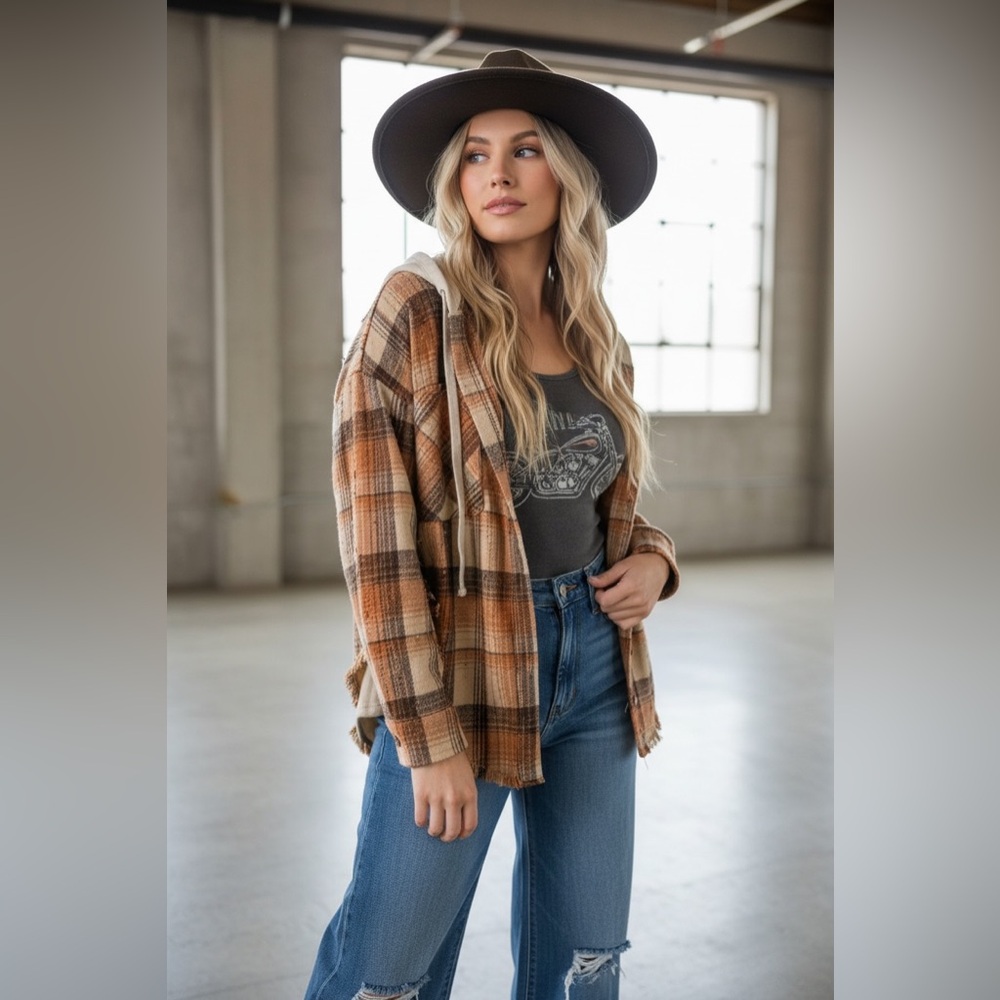 NWT Very J Plaid Distressed Layered Flannel Hoodie Button Down Hooded Shacket - Picture 4 of 7
